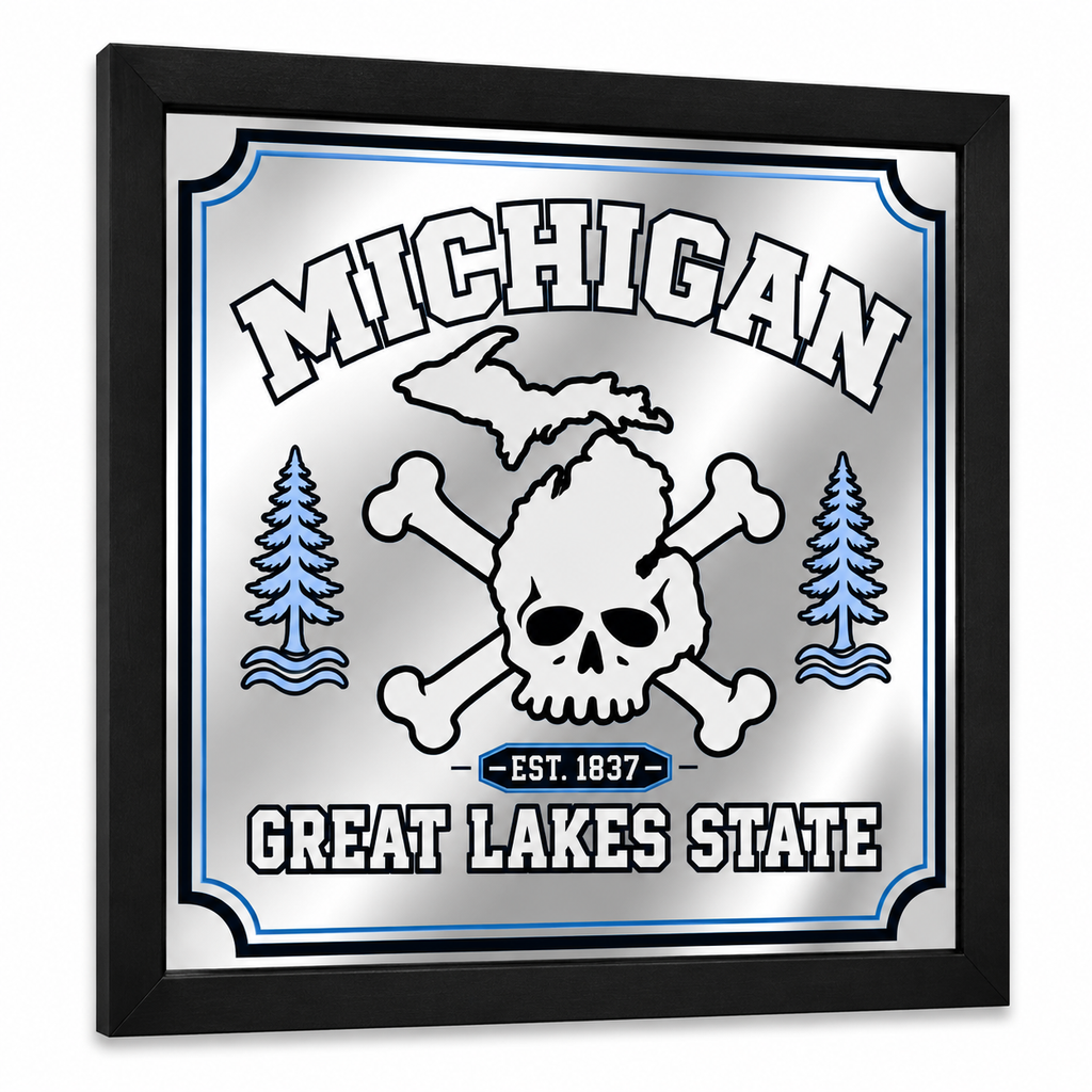 Michigan Skull Framed Glass Mirror | Home Bar Wall Decor