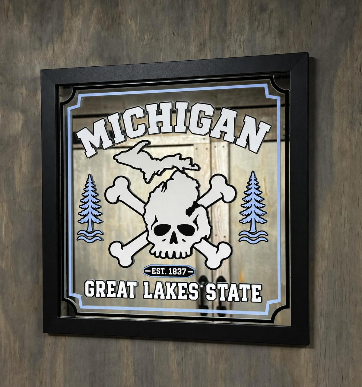 Michigan Skull Framed Glass Mirror | Home Bar Wall Decor