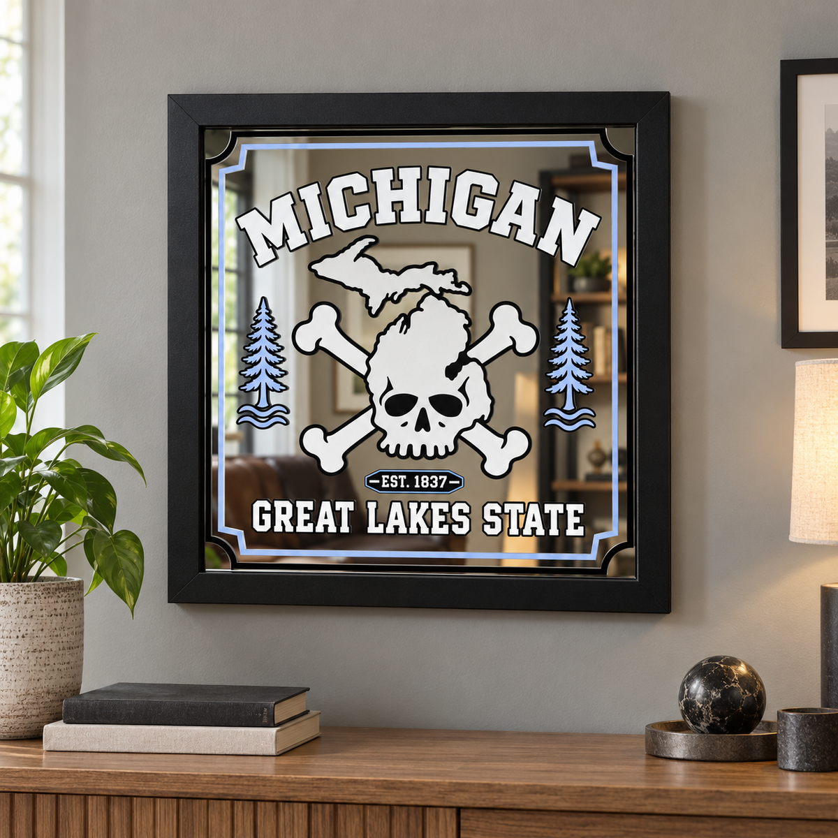 Michigan Skull Framed Glass Mirror | Home Bar Wall Decor