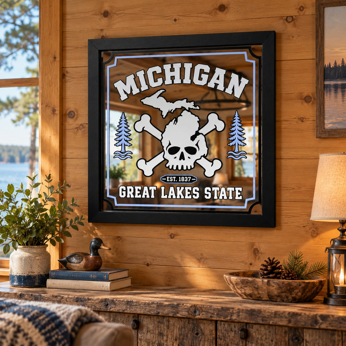 Michigan Skull Framed Glass Mirror | Home Bar Wall Decor